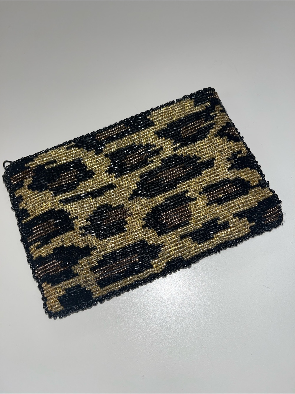 Source Unknown Gold, Black & Brown Beaded Leopard Clutch Evening Bag
